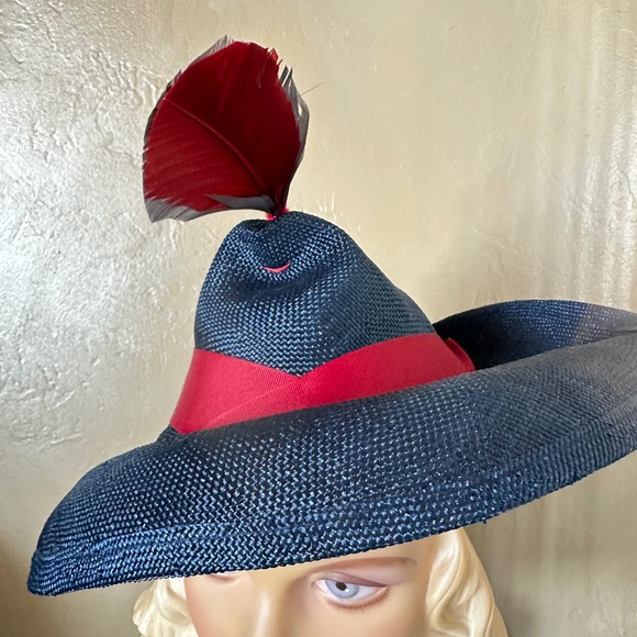UNUSUALLY SHAPED NAVY STRAW FEDORA - RED & NAVY FEATHER & RED GROSGRAIN BAND